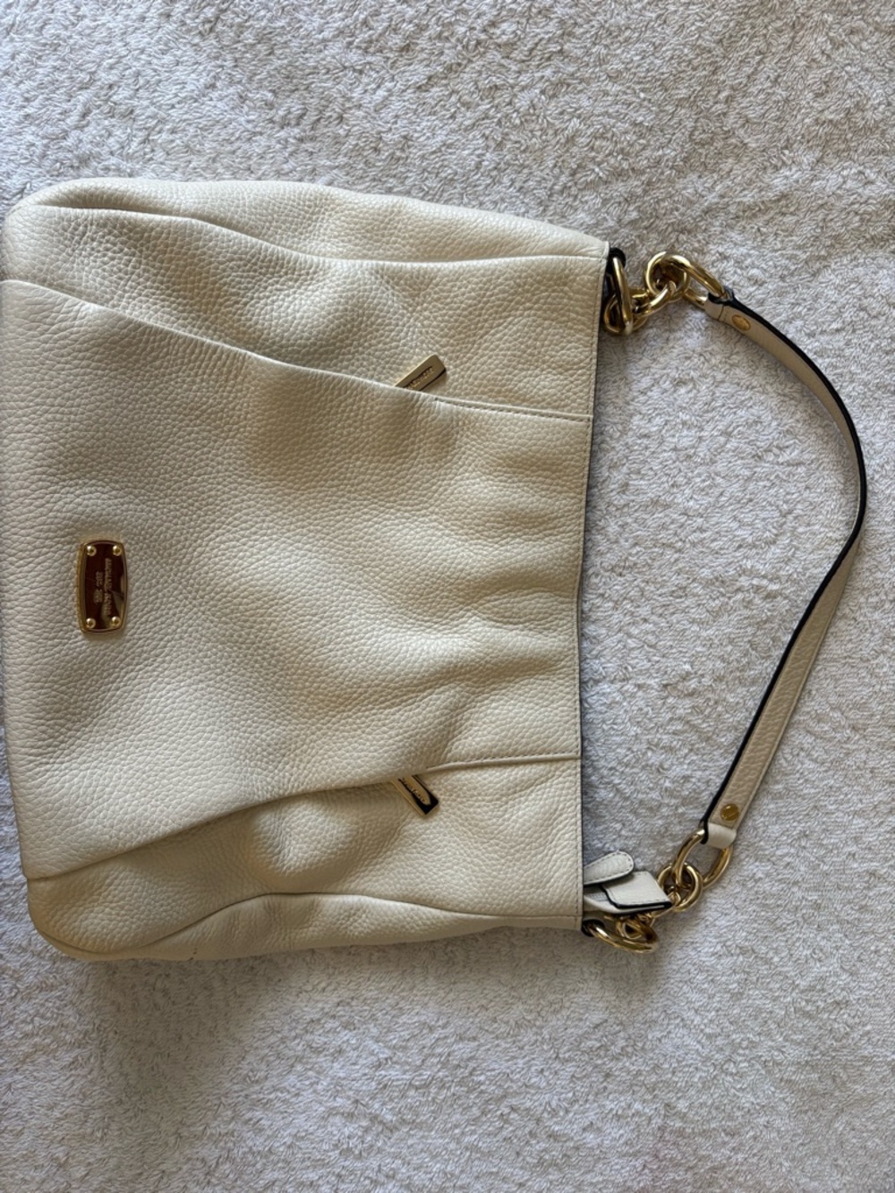 Michael Kors Cream Pebbled Leather Hobo Shoulder Bag with Gold Plaque